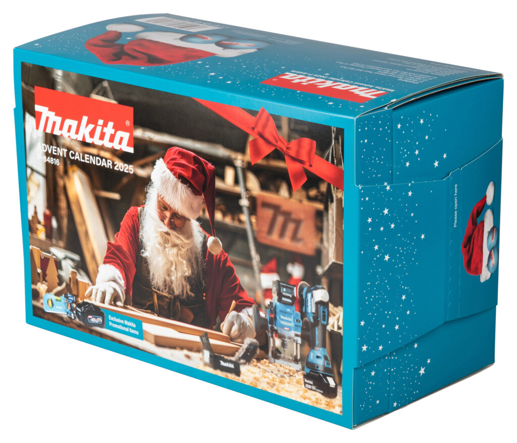 Makita Adventskalender 2025. Låda med jultomten och makitadelar, i en makitaverkstad